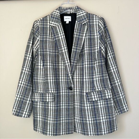 Nine West Jackets & Blazers - Nine West Long Lined Academia Black Plaid Multicolor Poly Wool Blend Blazer XL